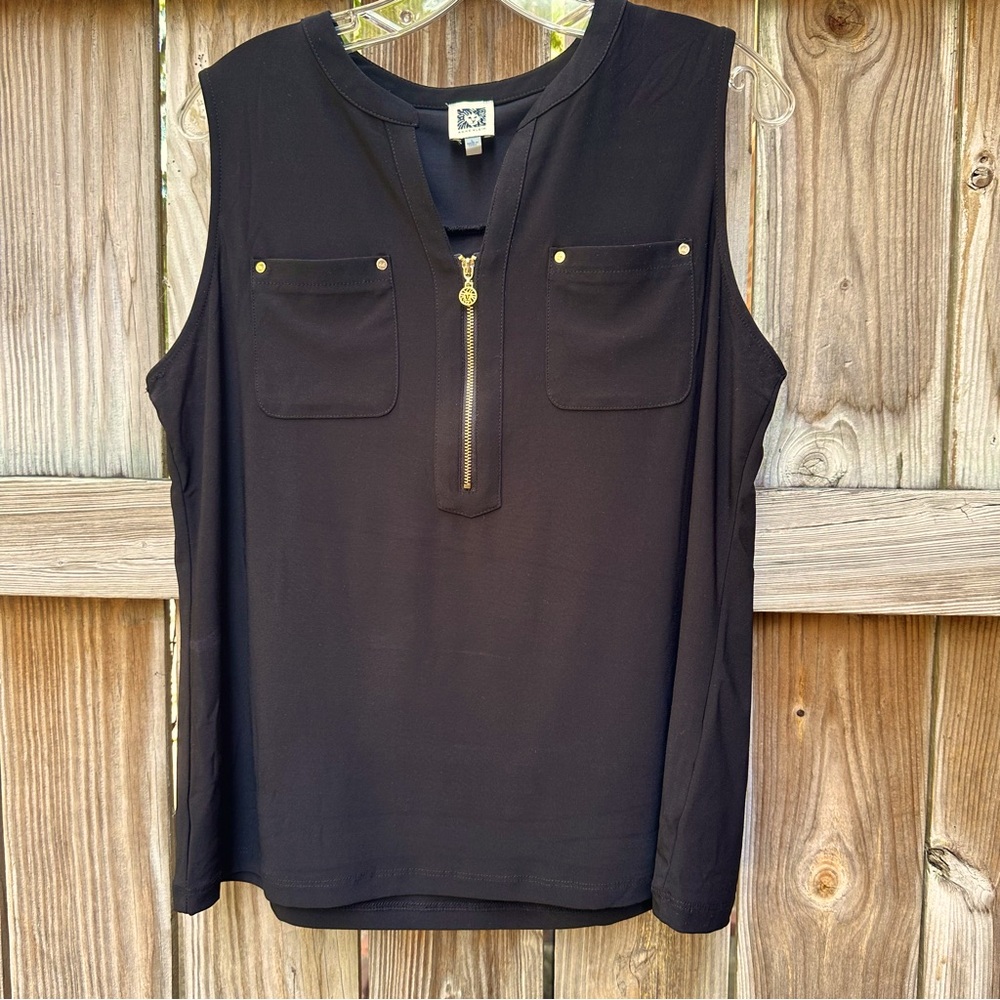 Anne Klein, large, black, dressy tank, front quarter zip, branded fastenings